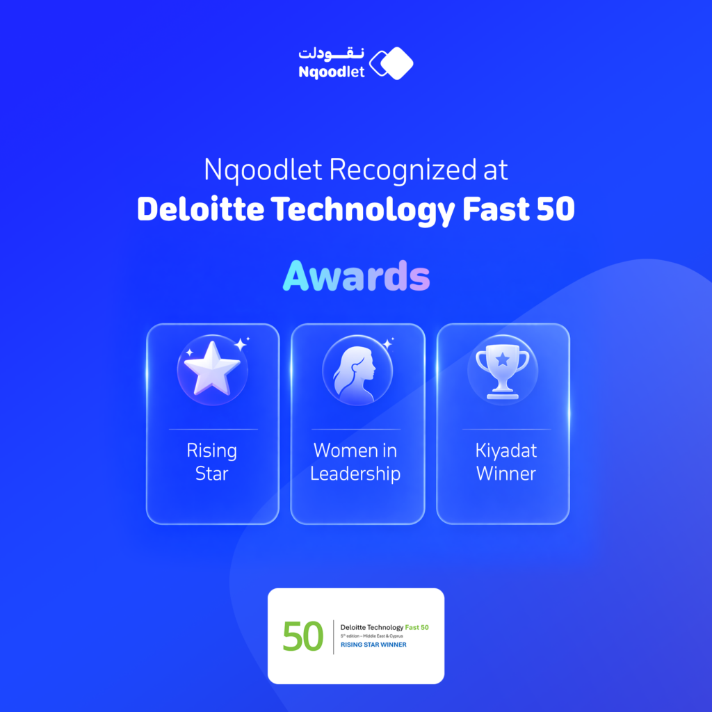 Nqoodlet recognized at Deloitte Technology Fast 50 on a blue gradient hero with glowing award cards labeled Rising Star, Women in Leadership, Kiyadat Winner