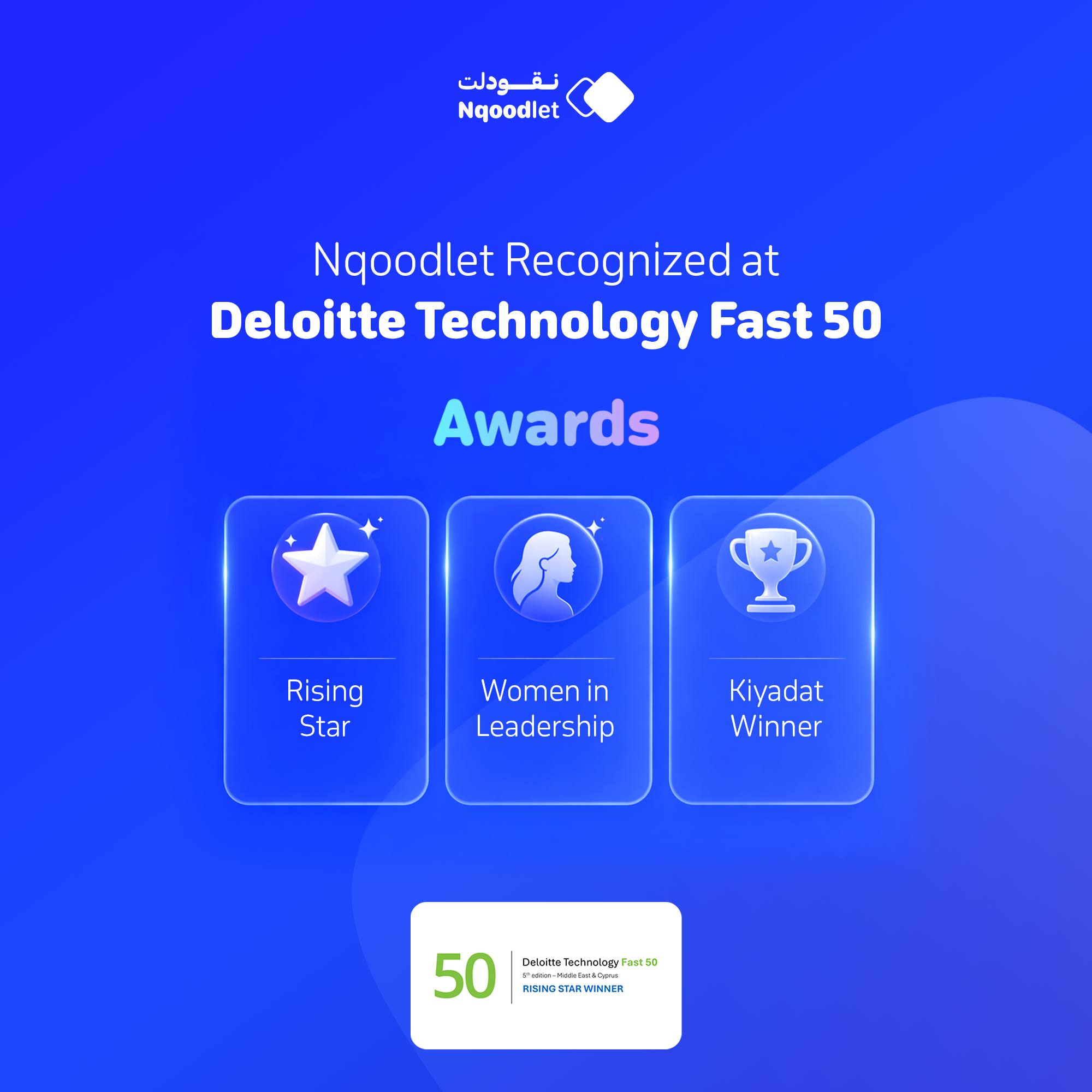 Nqoodlet recognized at Deloitte Technology Fast 50 on a blue gradient hero with glowing award cards labeled Rising Star, Women in Leadership, Kiyadat Winner