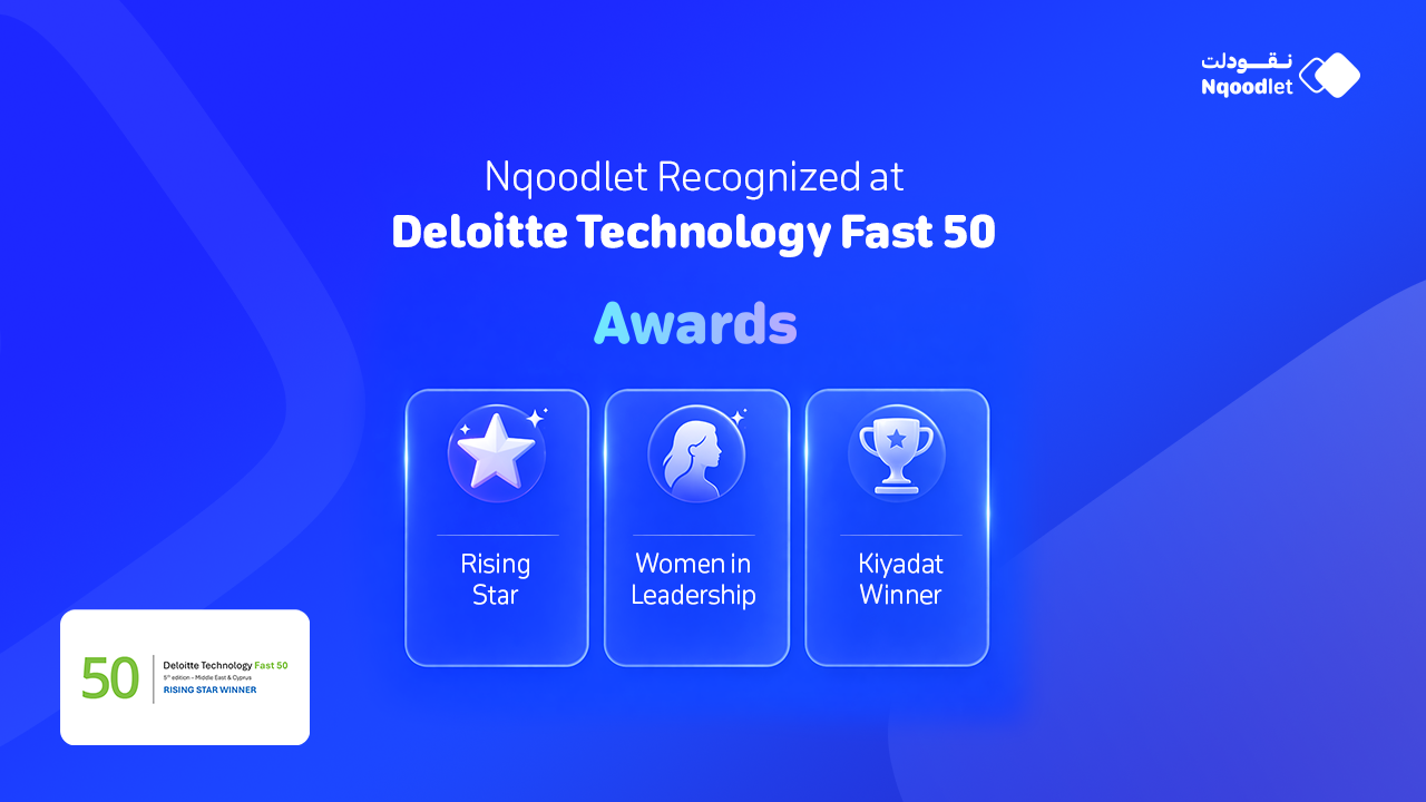 Blue gradient awards banner announcing recognition at Deloitte Technology Fast 50, with three glowing cards labeled Rising Star, Women in Leadership, Kiyadat Winner; logo at top right.